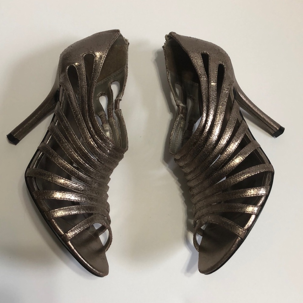 Diba Pewter Metallic Strappy Open Toe Heels